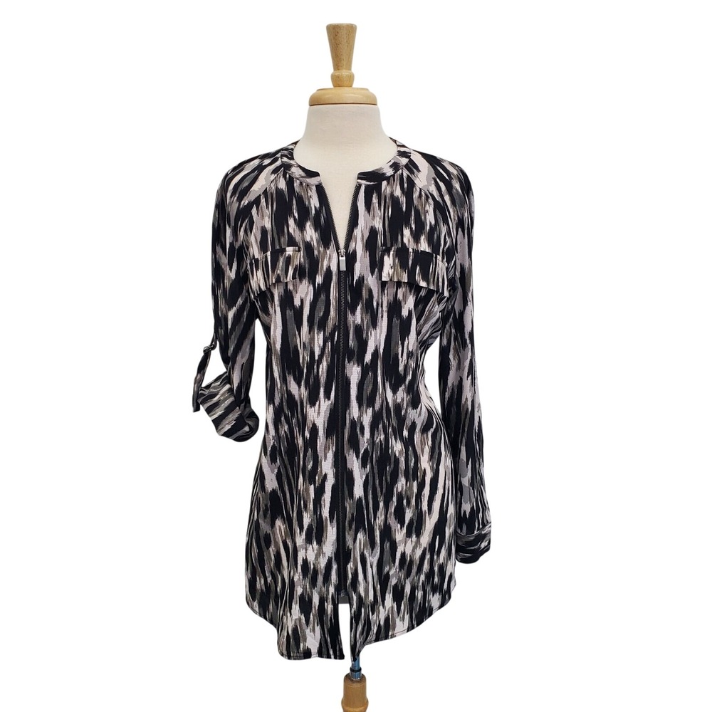 Rock & Republic Animal Print Full Zip Top Size L Black Gray Roll Tab Sleeve